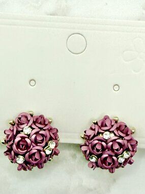 925 Sterling Silver Purple Rose Rhinestone Cluster Earrings Coquette NEW
